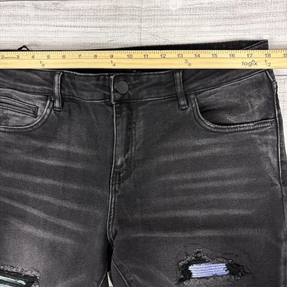 Embellish Mens Black Distressed Skinny Jeans With Colorful Patches Size 34 - Picture 6 of 16